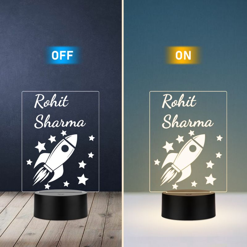 Customized Rocket Themed Illusion Lamp with  Warm white Glow LED Night Light with Black Base Birthday Return Gift for Son, Daughter & Kids